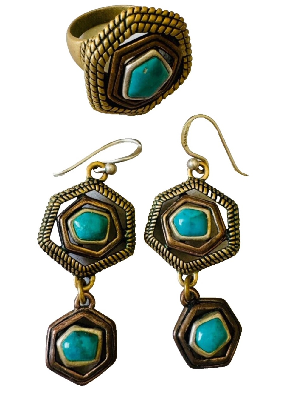 BARSE 925 Turquoise Ring and Drop Pierced Earrings Set Size 8.25 Mixed Metals